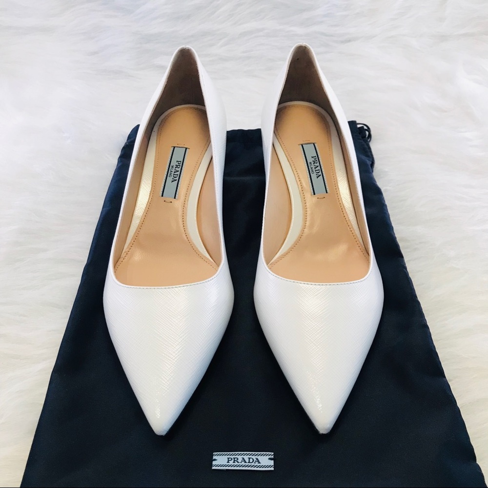 PRADA Saffiano Textured Patent Leather Pumps White